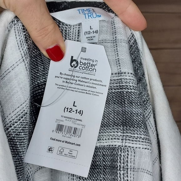 Time & Tru hooded flannel shirt button down black white cream plaid pattern L - Picture 5 of 10
